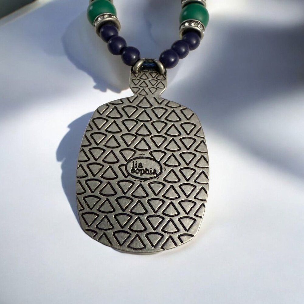 Lia Sophia Retired Art Deco Inspired Necklace Green Crystal Pendant Beaded - Picture 7 of 11